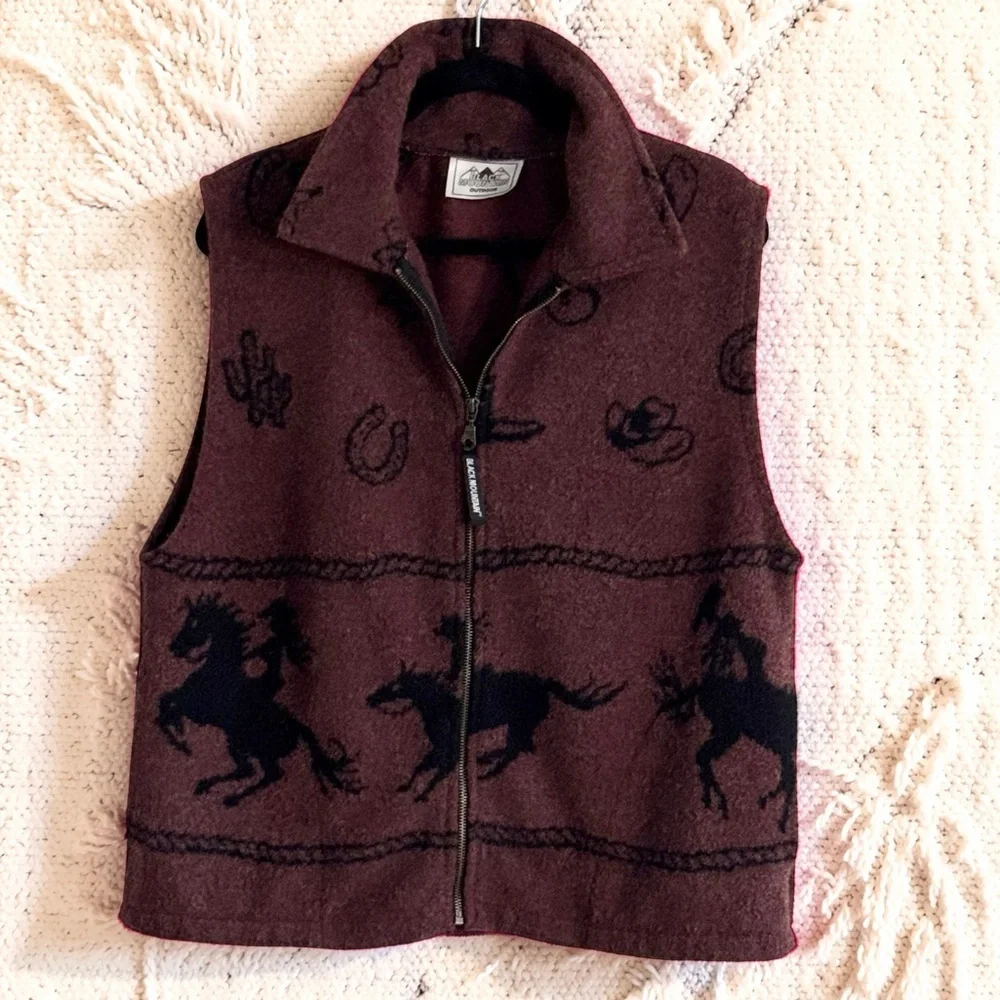 VTG 90s Black Mountain wool blend,Pile Fleece Full Zip Jacket Vest Horse 🐎 print